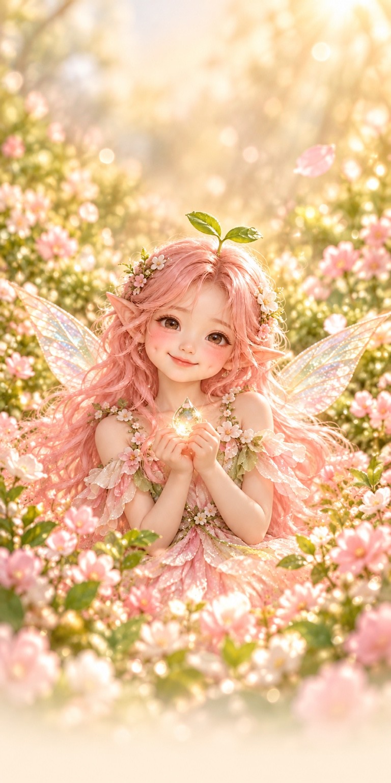 공식 오생이: 긴 분홍 웨이브 머리, 두 잎 새싹, 보조개, 요정 날개